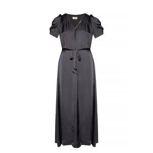 Zadig &Voltaire Rity Satin Tie Waist Midi Dress Charcoal Gray Short Sleeve Satin
